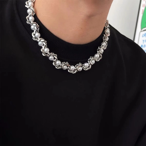 Hip Hop Titanium Steel Cuban Chain Wrapped Artificial Pearl Necklace For Men Women High End Design Clavicle Chain Jewelry