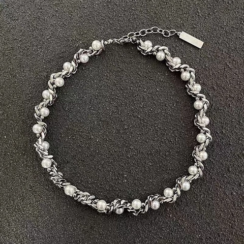 Hip Hop Titanium Steel Cuban Chain Wrapped Artificial Pearl Necklace For Men Women High End Design Clavicle Chain Jewelry