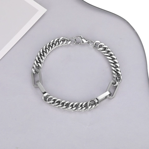 Heren Hip Hop Titaniumstaal Gesplitste Cubaanse Schakel Armband Gepolijst Zilverkleurige Geometrische Sieraden Stoere Industriële Schakelketting