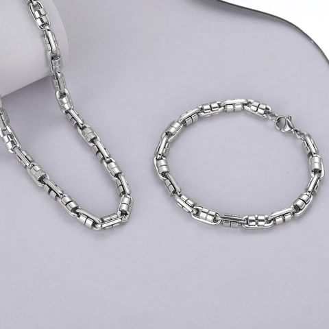 Set di Collana e Bracciale in Acciaio Inossidabile a Catena Grossa Stile Industriale Unisex Gioielli Punk per Donna Uomo