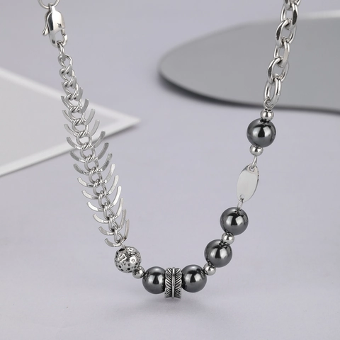 Design Originale Collana in Acciaio al Titanio con Giuntura a Lisca di Pesce per Uomo Donna Punk Industriale Girocollo Geometrico Gioielli