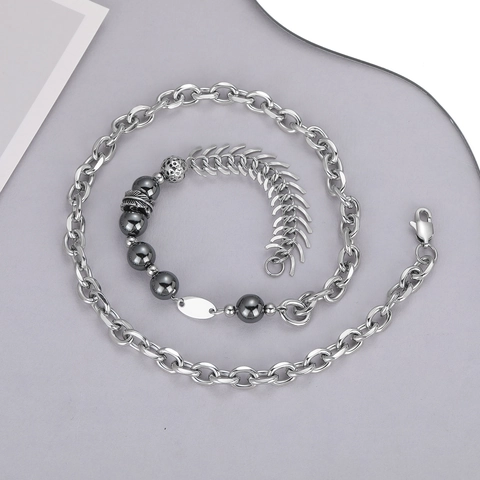 Design Originale Collana in Acciaio al Titanio con Giuntura a Lisca di Pesce per Uomo Donna Punk Industriale Girocollo Geometrico Gioielli