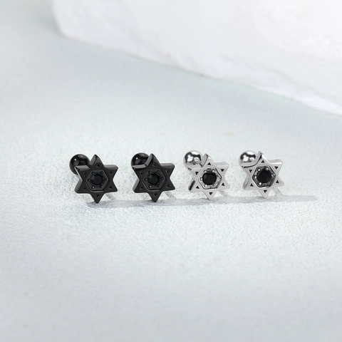 Pendientes de Botón de Hexagrama Estrella de David de Acero Inoxidable 316 Con Strass Negro Acero de Titanio Unisex Joyería Punk