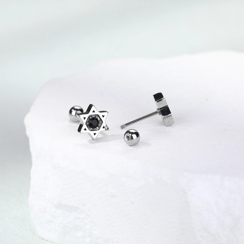 Pendientes de Botón de Hexagrama Estrella de David de Acero Inoxidable 316 Con Strass Negro Acero de Titanio Unisex Joyería Punk