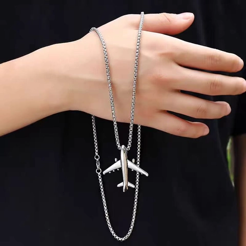 Collar Con Colgante de Avión Hip Hop de Acero de Titanio Acero Inoxidable Color Plata Joyería Para Hombres Mujeres Moda Cadena Larga