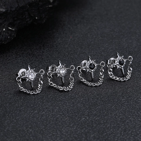 Titanium Steel Star Chain Stud Earrings With Rhinestone For Men Women Cold Style Minimalist Gothic Geometric Star Ear Jewelry