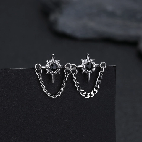 Titanium Steel Star Chain Stud Earrings With Rhinestone For Men Women Cold Style Minimalist Gothic Geometric Star Ear Jewelry