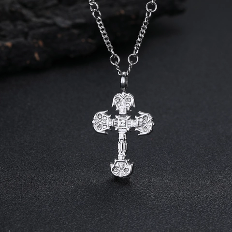 Collier Pendentif Croix en Acier Inoxydable Gothique Vintage Hip Hop Baroque Sculpté Strass Incrusté Bijoux Chaîne