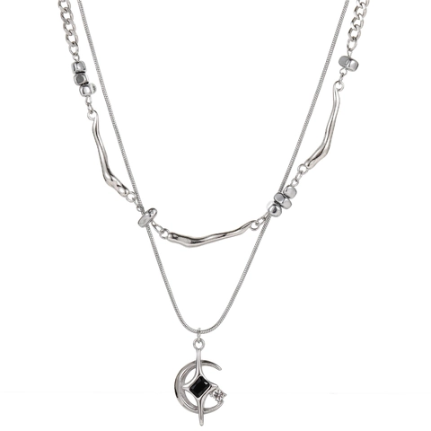 Collana a Doppio Strato Con Pendente Stella Luna Acciaio al Titanio Argento Strass Catena Geometrica Per Donna Gioielli Hip Hop