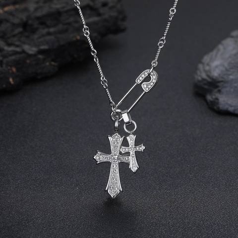 Collana Con Pendente Doppio Croce Punk Gotico Con Spilla da Balia in Strass Acciaio al Titanio Gioielli Hip Hop Per Uomo Donna