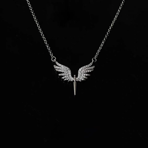 Fashion Angel Wings Sword Pendant Necklace Titanium Steel Rhinestone Inlaid Clavicle Chain Jewelry For Women Men