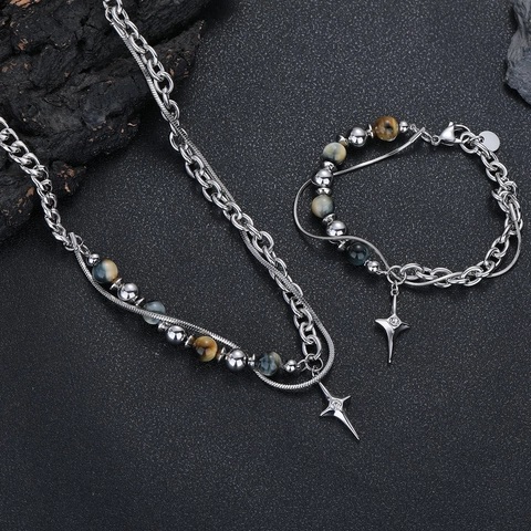 Titanium Staal Splicing Tijgeroog Steen Ster Hanger Sieraden Halsketting Armband Voor Mannen Vrouwen Street Punk Stijl Accessoires