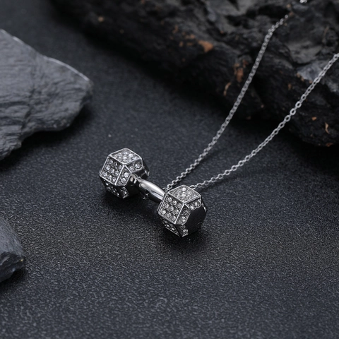 Titanium Steel Dumbbell Pendant Necklace Zirconia Pave Fitness Workout Hip Hop Jewelry For Men Women Workout Gym Gift