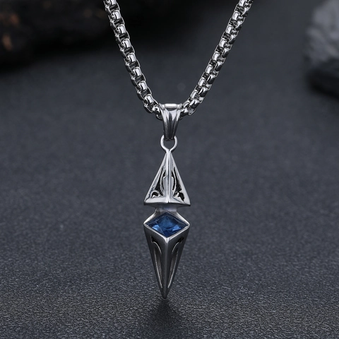 Collier Pendentif Losange Géométrique Acier au Titane Zircone Bleue Incrustée Chaîne Vénitienne Bijoux Punk pour Hommes