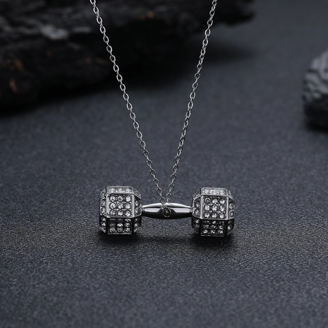 Titanium Steel Dumbbell Pendant Necklace Zirconia Pave Fitness Workout Hip Hop Jewelry For Men Women Workout Gym Gift