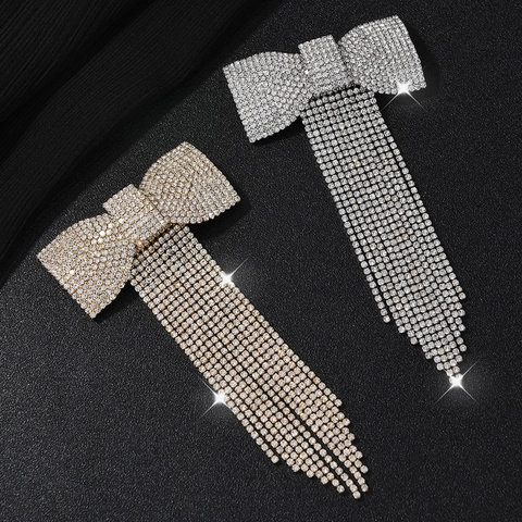 Luxe Strass Strik Haarclip Met Lange Kwast Sprankelende Legering Veerclip Hoogwaardige Hoofddeksels Voor Vrouwen Sieraden
