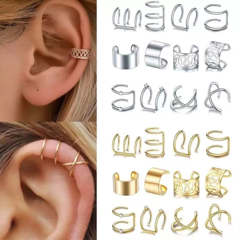 Vintage Alloy Rhinestone Ear Cuffs For Women Non Pierced Geometric Leaf Clip On Earrings Gold Silver Black Fashion Jewelry