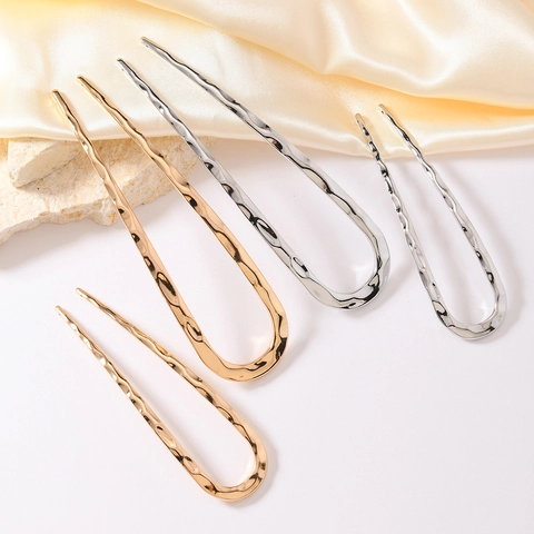 Minimalist Metal U-Shaped Hair Stick Hammered Texture Ancient Style Hair Fork For Women Fashion Bun Holder Hair Accessories
