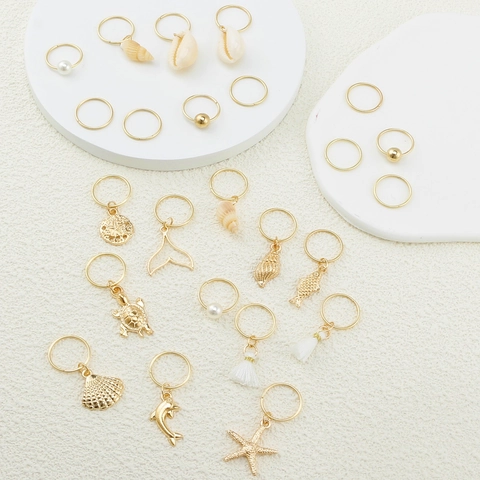 Anelli per Trecce in Lega Dorata Tema Oceano Stella Marina Conchiglia Tartaruga Ciondolo Delfino Fermagli per Capelli Donna Accessori Gioielli