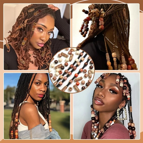 Painted Wood Dreadlock Beads For Hair Braiding Large Hole Wooden Tribal Pattern Hair Beads Set For Women Girls Accessories