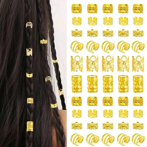 Hollow Gold Silver Braid Rings Dreadlock Jewelry Cuffs For Women Girls Metal Adjustable Hair Accessories For Braiding