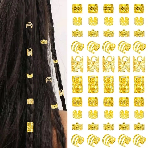 Hollow Gold Silver Braid Rings Dreadlock Jewelry Cuffs For Women Girls Metal Adjustable Hair Accessories For Braiding