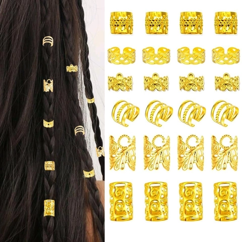 Hollow Gold Silver Braid Rings Dreadlock Jewelry Cuffs For Women Girls Metal Adjustable Hair Accessories For Braiding