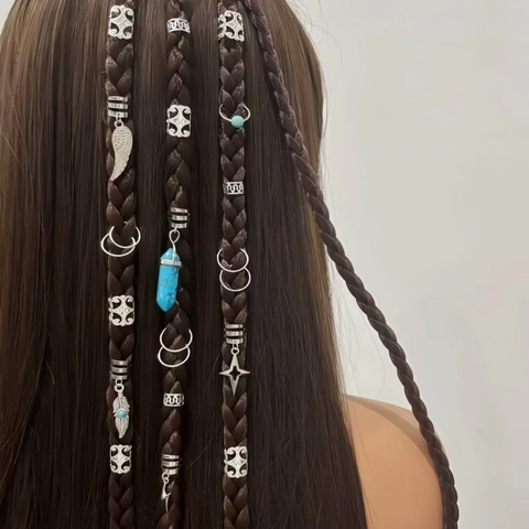 46Stk Retro Dreadlock Haarringe Set Silber Zopf Charms Mit Feder Flügel Stern Anhänger Bohemian Haarschmuck Für Damen