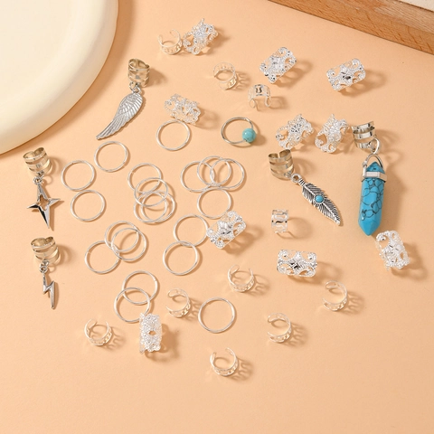 46Stk Retro Dreadlock Haarringe Set Silber Zopf Charms Mit Feder Flügel Stern Anhänger Bohemian Haarschmuck Für Damen