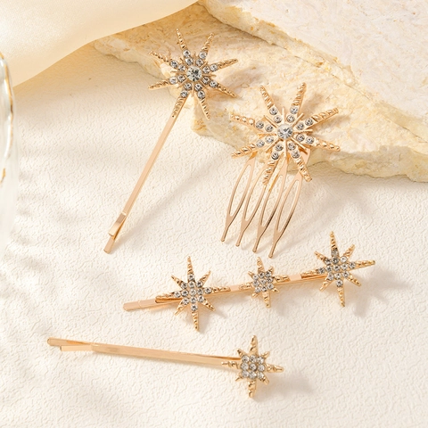 Elegant Alloy Rhinestone Star Hair Clip Sparkling Sun Motif Side Clip And Hair Comb For Women Wedding Party Hair Accessories