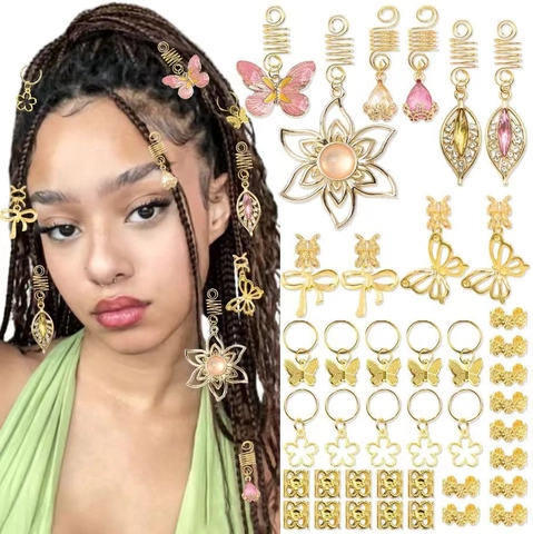 Anelli per Capelli Dreadlock in Metallo Dorato Con Ciondolo a Farfalla Fiore Foglia Accessori Gioielli Treccia Con Strass Perla Artificiale per Donna