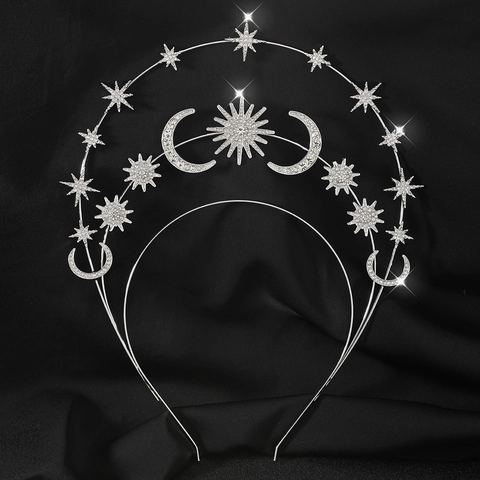 Bohemian Celestial Star Moon Goddess Crown Headband 3-Layer Zinc Alloy Rhinestone Hair Accessories For Christmas Halloween