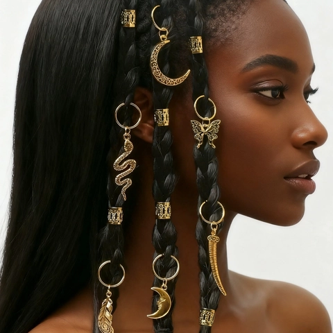 Vintage Gold Alloy Dreadlock Hair Accessories Butterfly Snake Moon Pendant Hair Rings For Women Bohemian Braid Decoration