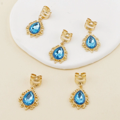 Anelli per Capelli Bohemian con Pendente a Goccia Blu Clip per Trecce in Metallo e Strass Decorazione per Capelli Vintage