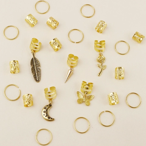 Anelli per Capelli Dreadlock in Metallo Oro Farfalla Piuma Foglia Luna Rosa Ciondoli Accessori per Trecce di Capelli per Gioielli Donna