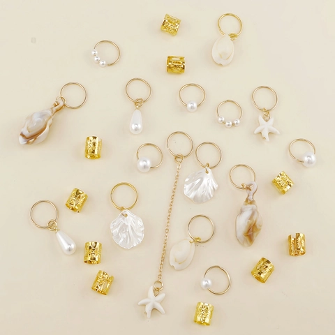 Boho Gold Alloy Starfish Shell Dreadlock Hair Rings With Artificial Pearl Charms For Women Braids Jewelry Accessories
