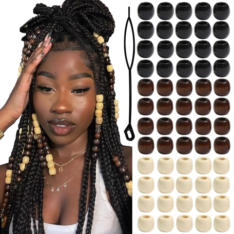 Imitation Wood Grain Plastic Dreadlock Beads Large Hole Hair Braiding Beads With Interlock Tool Set DIY Hair Decoration Accessories