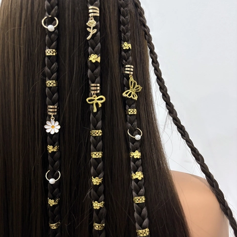 Bohemian Braid Hair Rings Butterfly Leaf Flower Pendants Gold Alloy Artificial Pearl Dreadlock Accessories For Women Jewelry