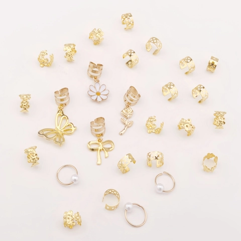 Bohemian Braid Hair Rings Butterfly Leaf Flower Pendants Gold Alloy Artificial Pearl Dreadlock Accessories For Women Jewelry