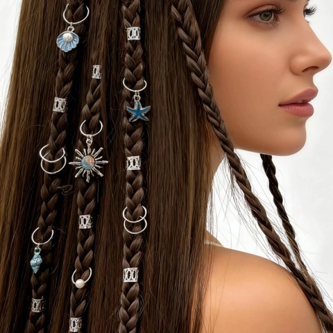 Set Accesorios Cabello Rasta Boho Aleación Esmalte Colgantes Concha Estrella De Mar Sol Anillos Trenza Para Mujer
