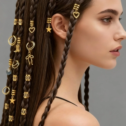 Gold Braid Clips Heart Bow Shell Pendants Dreadlock Rings Metal Hair Cuffs Fashion Braiding Jewelry For Women Girls Accessories