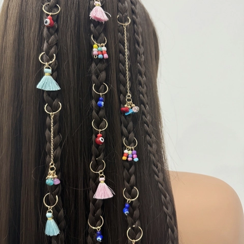 Boho Dreadlock Flechtschmuck Ringe Mit Baumwollquaste Künstliche Perle Muschel Seestern Böser Blick Anhänger Haarschmuck