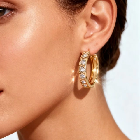 Copper Zirconia Hoop Earrings Geometric Round Micro Paved Huggie Earrings For Women With Stainless Steel Earring Post