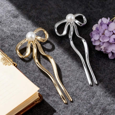 Elegante Palillo para el Pelo de Aleación con Perla Artificial y Lazo Estilo Coreano Horquilla en U Oro Plata Horquillas de Cinta para Mujer Boda Fiesta