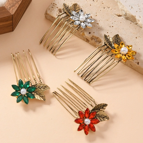 Peine para el Cabello Vintage con Diseño de Flor y Hoja Aleación con Diamantes de Imitación y Perla Artificial Regalo