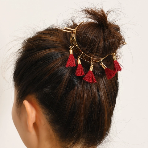 Vintage Hollow Alloy Hair Bun Cuff Red Tassels Gold Hair Stick Traditional Chinese Style Headwear For Women Accessory
