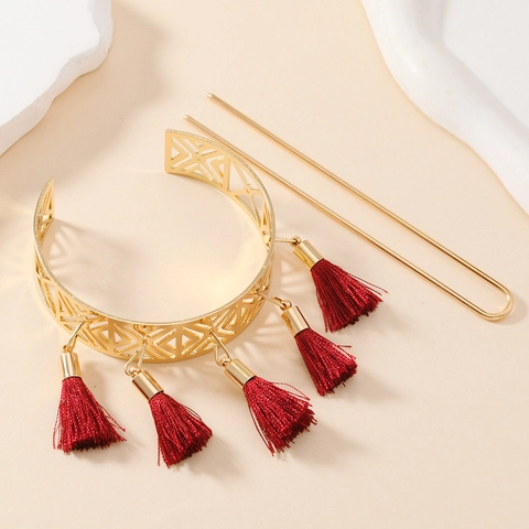 Vintage Hollow Alloy Hair Bun Cuff Red Tassels Gold Hair Stick Traditional Chinese Style Headwear For Women Accessory