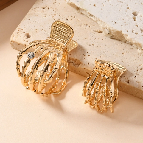 Pinzas para el Cabello con Mano de Esqueleto de Halloween Gótico Punk Metal Mano de Fantasma Accesorios para el Cabello Mujer Oro Plata Strass
