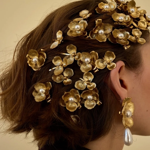 Pasador de Flores de Metal Dorado Estilo Palacio Vintage Con Perla Artificial Clip Lateral Mate Elegante Francés Accesorio de Pelo para Mujer