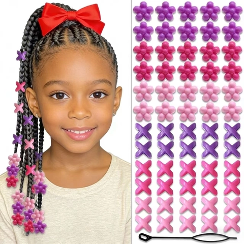 Acrylic African Hair Beads For Kids Braids Dreadlocks Accessories With Styling Tool Flower X Shaped Hair Clips For Girls
